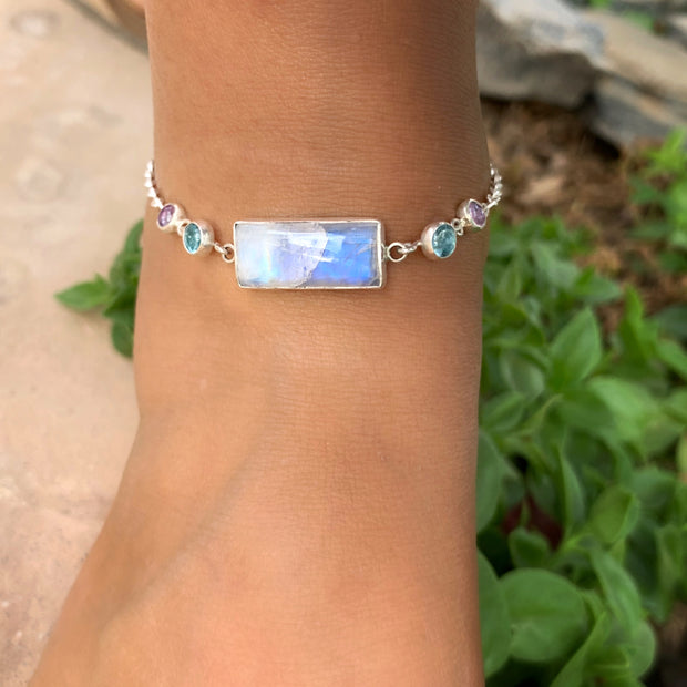 Silver anklet with moonstone, topaz & amethyst