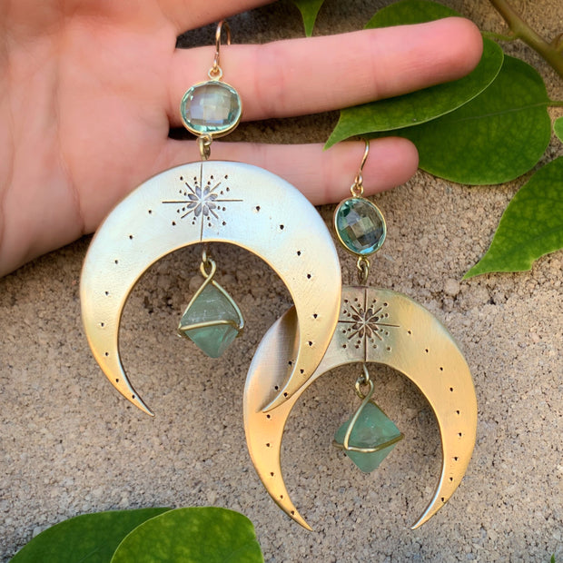 Hand-stamped bronze moon earrings with aqua quartz & fluorite