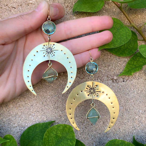 RESERVED FOR LU - Hand-stamped brass moon earrings with aqua quartz & fluorite