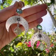 Small silver moon earrings with aqua quartz & fluorite