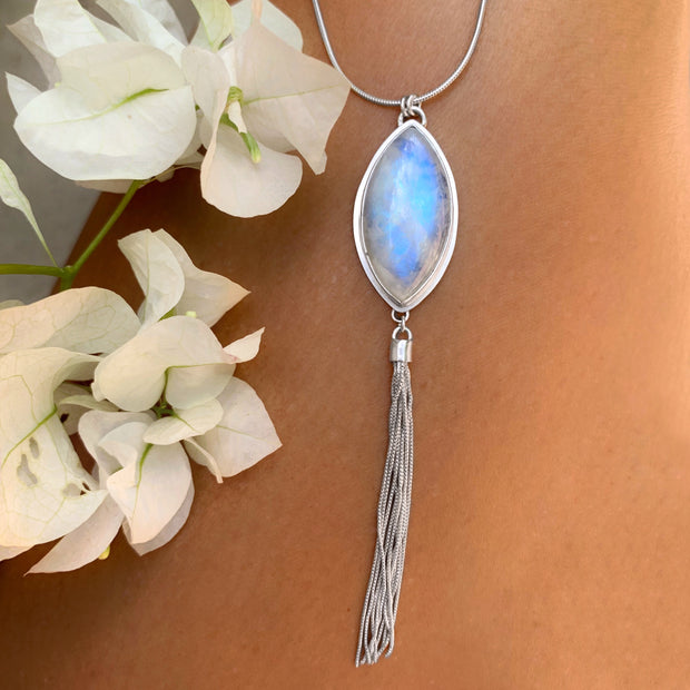 Blue moonstone tassel necklace in silver