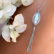 Rainbow moonstone tassel necklace in silver