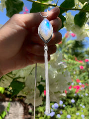 Blue moonstone tassel necklace in silver