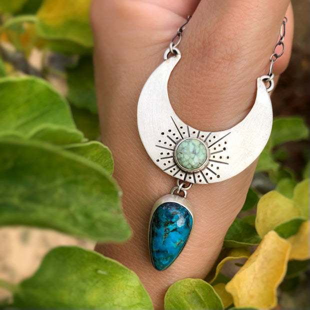 Silver cascading moon necklace with turquoise & variscite