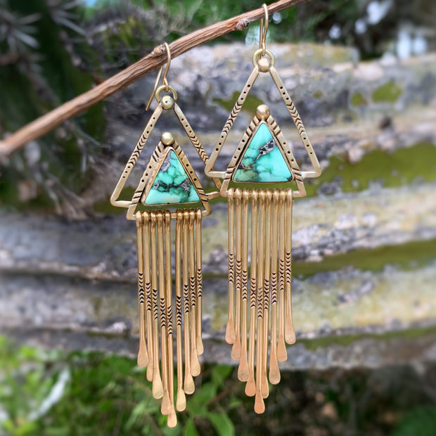 Variscite triangle fringe earrings in brass with 14K gold-filled ear wires