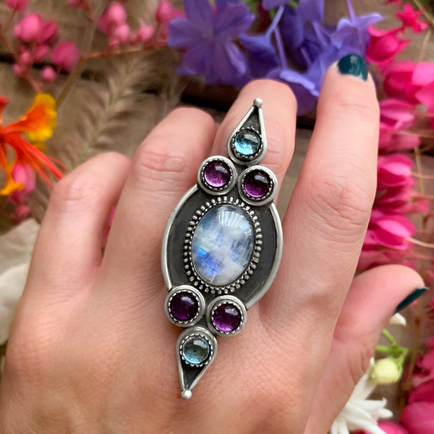 Esmeralda ring with moonstone, amethyst & topaz
