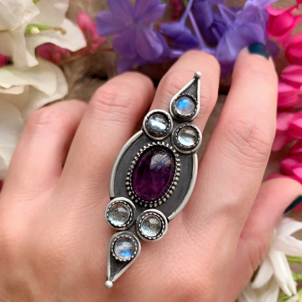 Esmeralda ring with amethyst, topaz & moonstone