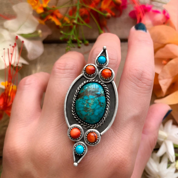 Esmeralda ring with turquoise & red shell