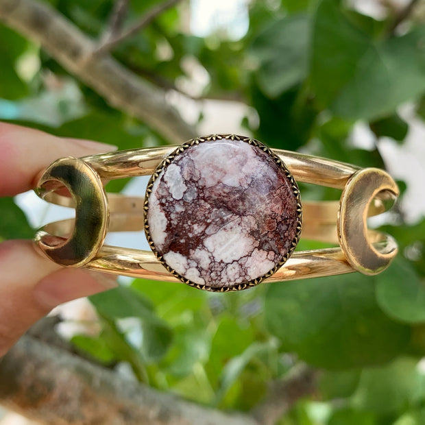 Brass triple moon cuff with wild horse magnesite