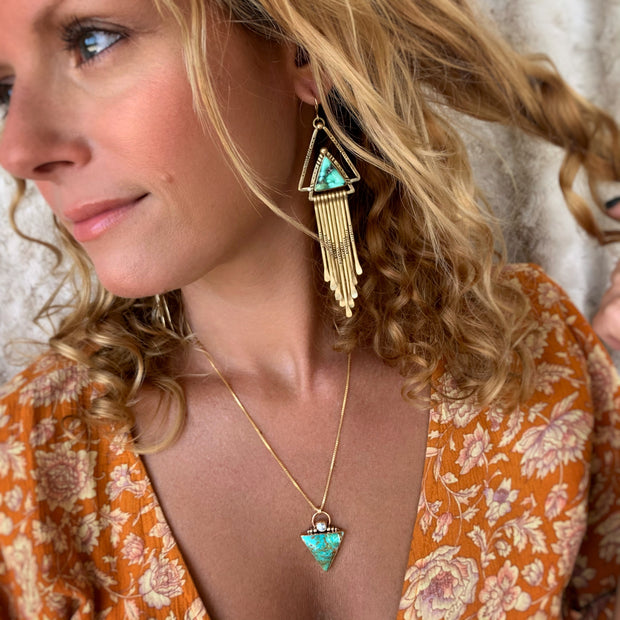 Variscite triangle fringe earrings in brass with 14K gold-filled ear wires
