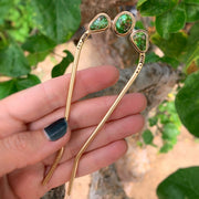 Hand-stamped turquoise hair fork in brass