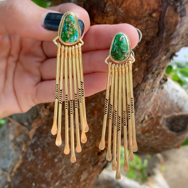 Brass turquoise studs with removable fringe and 14K gold-filled ear wires