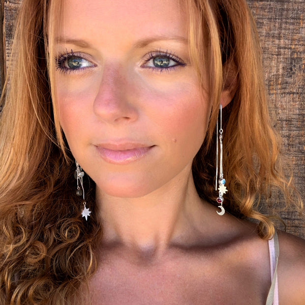 Celestial fringe threader earrings with moonstone & garnet