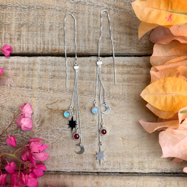 Celestial fringe threader earrings with moonstone & garnet