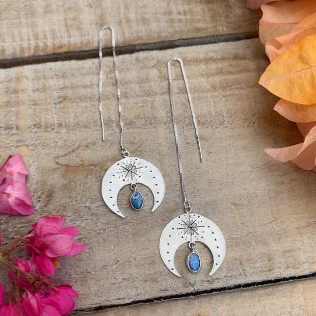Made-to-order large hand-stamped moon threader earrings with fire opals