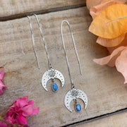 Small hand-stamped moon threader earrings with fire opals