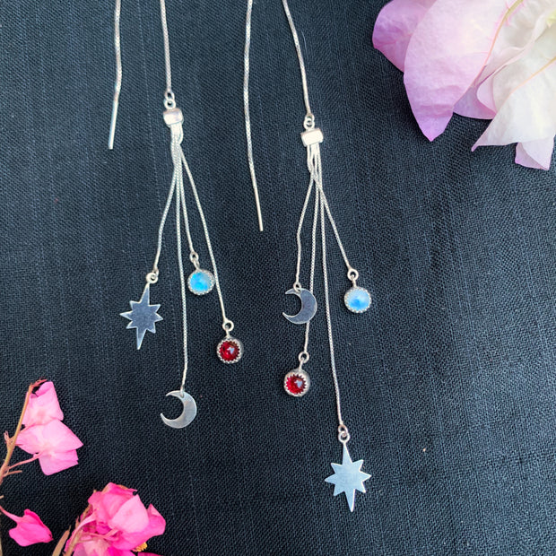 Celestial fringe threader earrings with moonstone & garnet