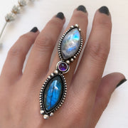 Marquise labradorite & moonstone ring with small round amethyst