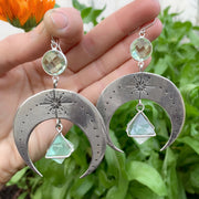 Deposit on made-to-order stamped silver moon earrings with aqua quartz & fluorite