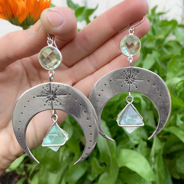 Made-to-order stamped silver moon earrings with aqua quartz & fluorite