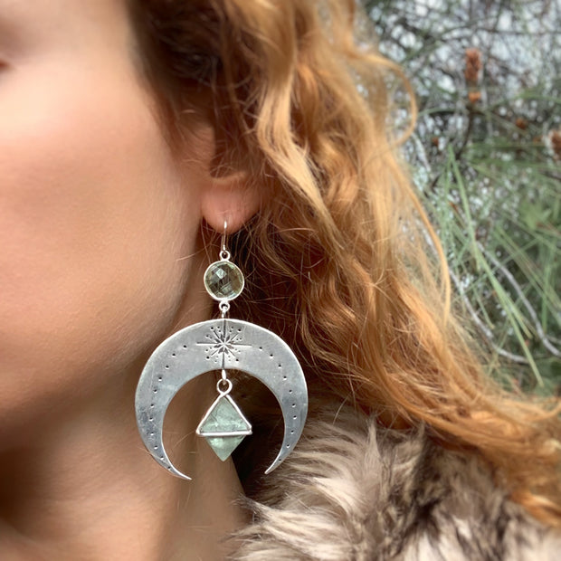 Deposit on made-to-order stamped silver moon earrings with aqua quartz & fluorite
