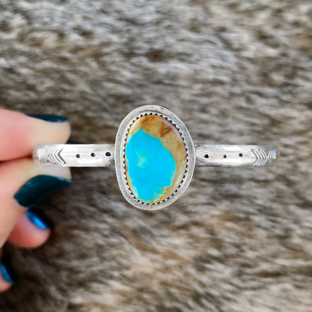 RESERVED FOR GLORIA - Stamped silver stacking cuff set with boulder turquoise