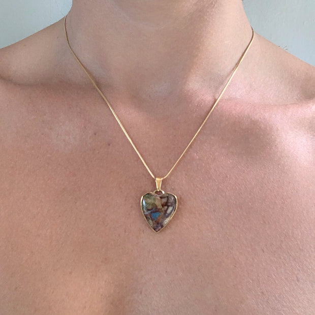 Rare butterfly wing jasper heart necklace set in brass on a 16" 14K gold-filled snake chain