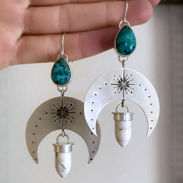 Silver moon earrings with turquoise & howlite