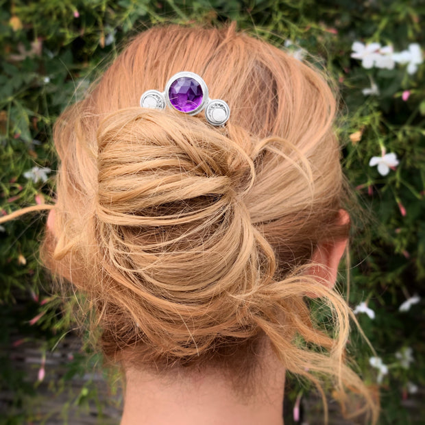 Hand-stamped triple moon hair fork with amethyst - 4 1/2” long