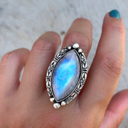 Rainbow moonstone ring in silver
