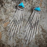 Turquoise triangle stud earrings with removable stamped fringe ear jacket