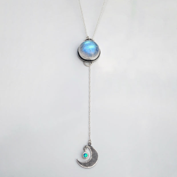 Moonstone & opal lariat necklace in silver
