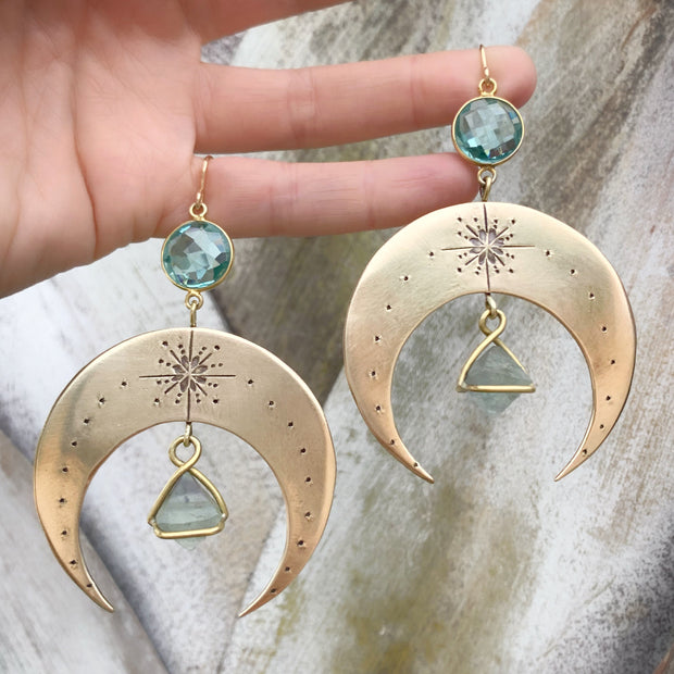 Hand-stamped brass moon earrings with aqua quartz & fluorite