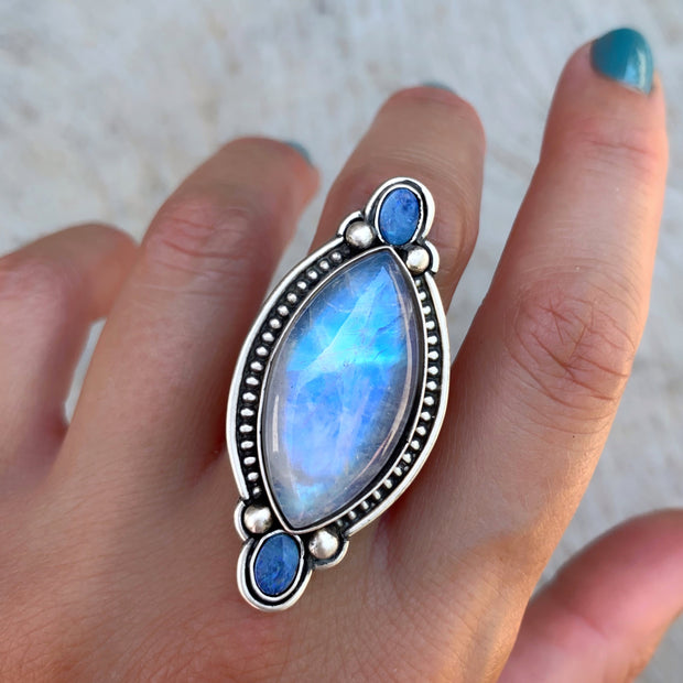 Rainbow moonstone and fire opal ring in silver