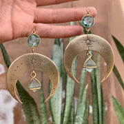 Made-to-order brass moon earrings with aqua quartz & fluorite