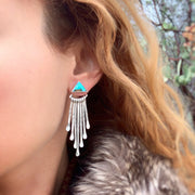 Turquoise triangle stud earrings with removable stamped fringe ear jacket