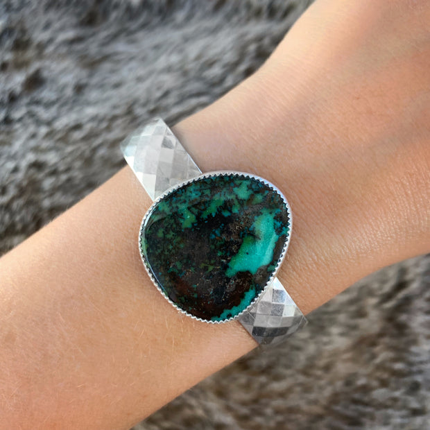 Faceted silver cuff with teal & black turquoise