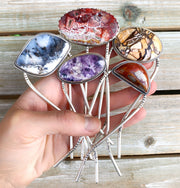 Stamped silver hair forks - Tiffany stone, dendritic opal, jasper, or lace agate