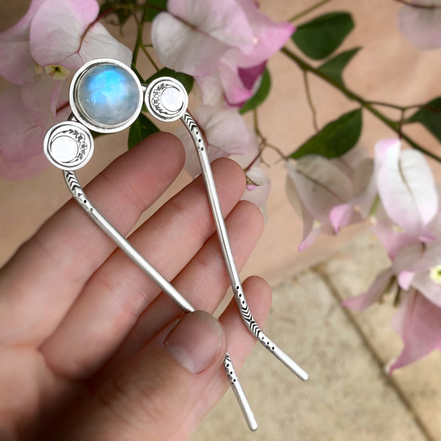Hand-stamped triple moon hair fork with moonstone - 4 1/2” long