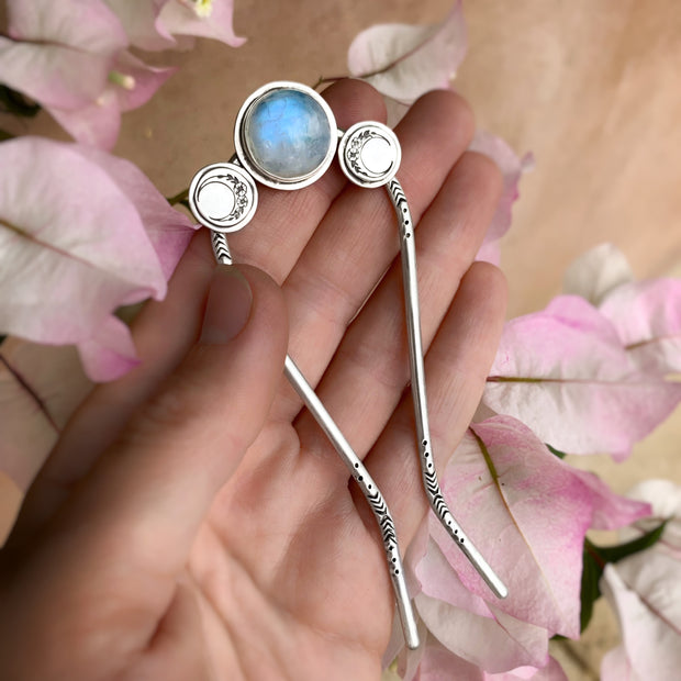 Hand-stamped triple moon hair fork with moonstone - 4" long