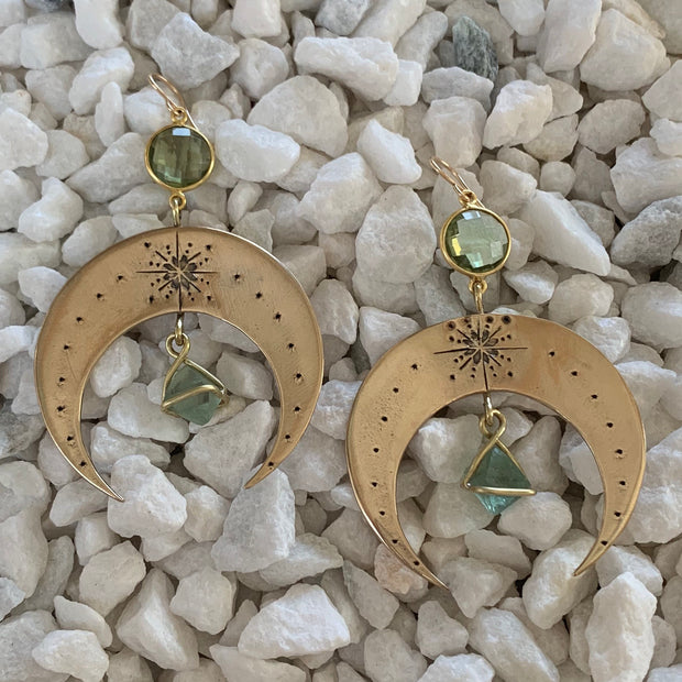 Stamped brass moon earrings with faceted green amethyst & fluorite