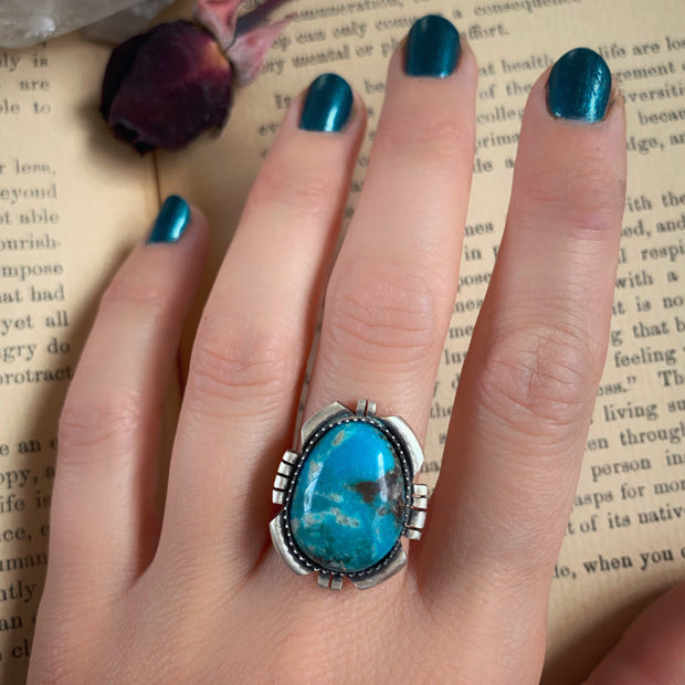Morenci turquoise with cutout border for ring, cuff, necklace or hair fork
