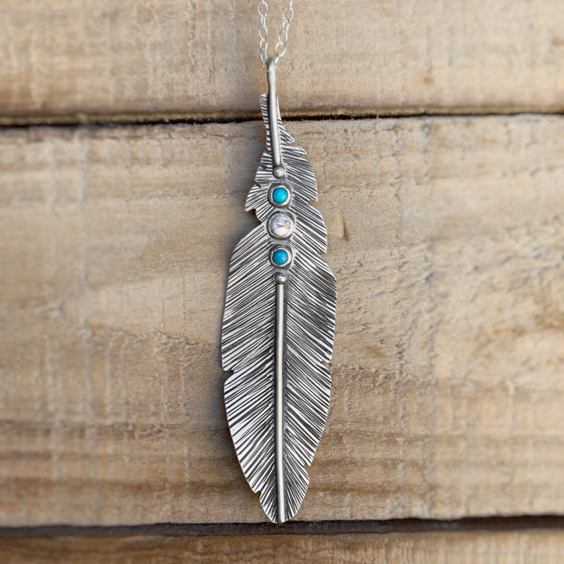 Feather necklace with turquoise & howlite in silver