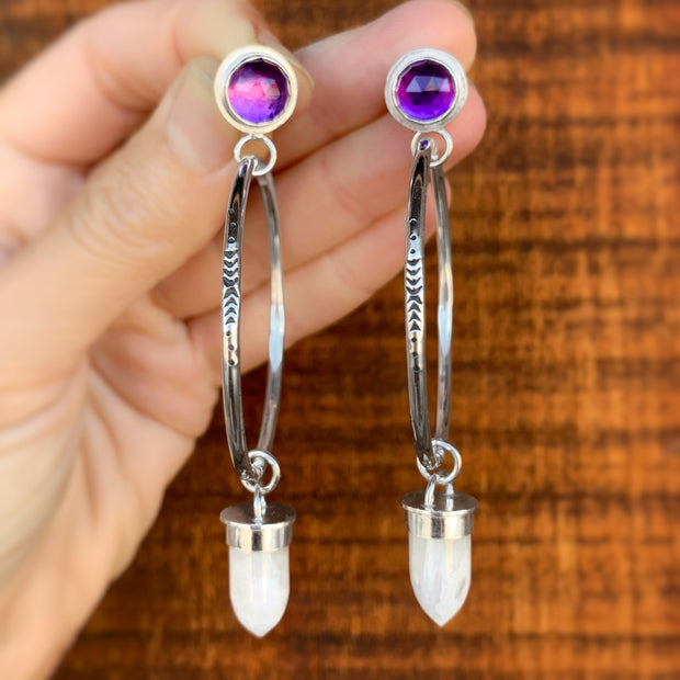Amethyst studs with removable moonstone hoops in silver