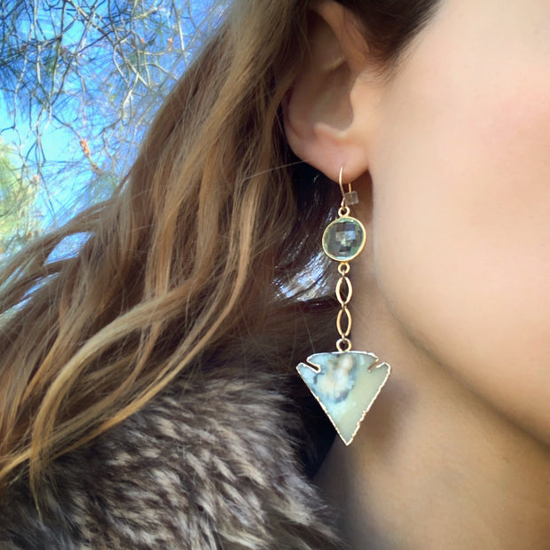 Reversible gold-plated earrings with agate druzy arrowhead and aqua quartz