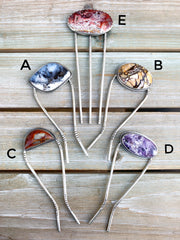 Stamped silver hair forks - Tiffany stone, dendritic opal, jasper, or lace agate