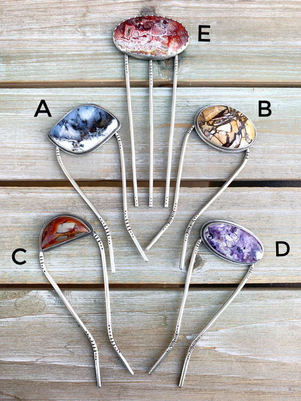 Stamped silver hair forks - Tiffany stone, dendritic opal, jasper, or lace agate