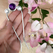 Hand-stamped triple moon hair fork with amethyst - 4 1/2” long