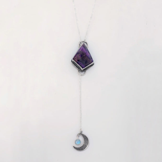 Sugilite & moonstone lariat necklace in silver