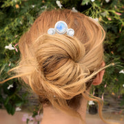 Hand-stamped triple moon hair fork with moonstone - 4 1/2” long